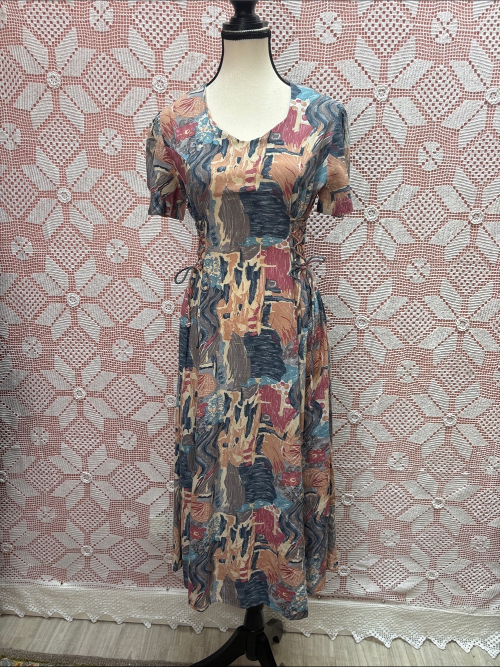 Unimondo Abstract Lace-Up Midi Dress sz m